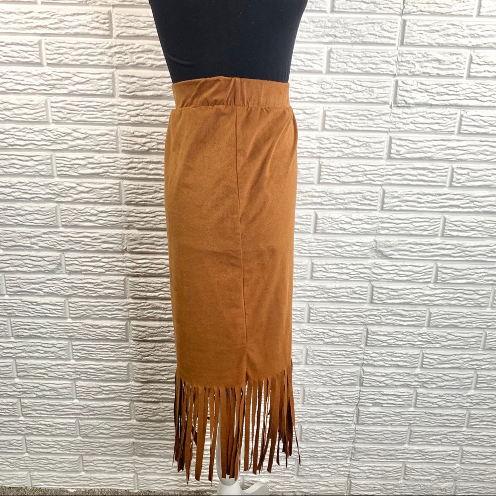 French Laundry Brown Tan Boho Midi Skirt Fringe - Picture 5 of 8